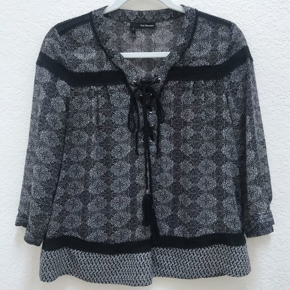 The Kooples Peasant Style Blouse Black White Print
